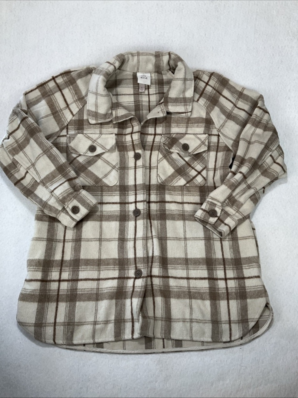 Knox Rose Womens Large Cream Brown Shirt Jacket Shacket Plaid Button Up Pockets